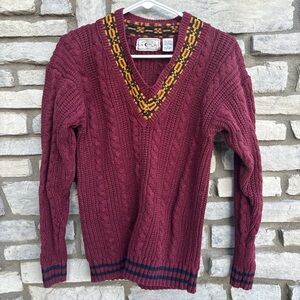 Bugle Boy Burgundy V-Neck Sweater with Patterned Trim